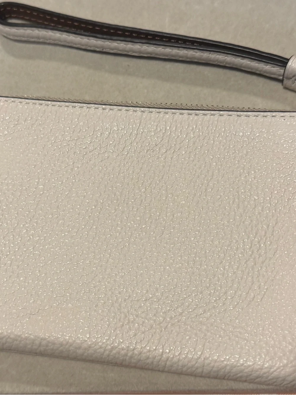 Coach White Pebbled Leather Wristlet with Beige Stripe Accents wristlet